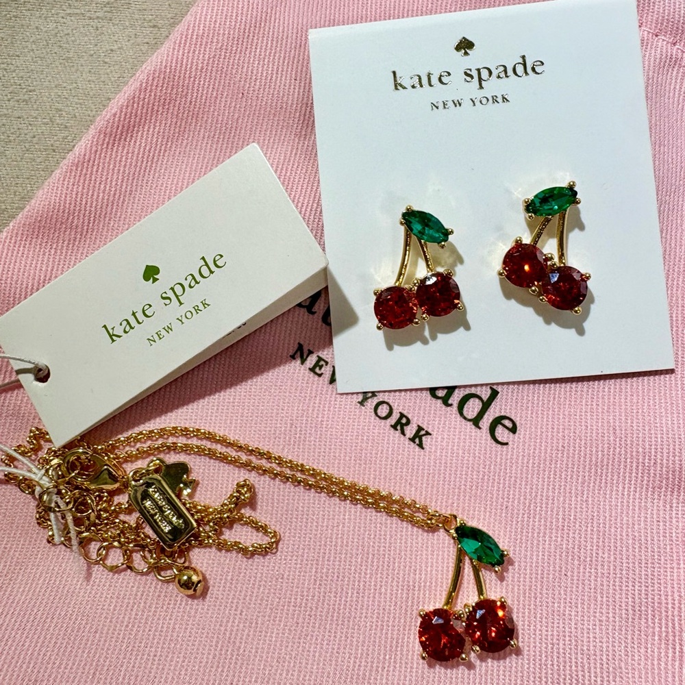 kate spade Gold Cherry Necklace and Earrings with Red and Green Stones